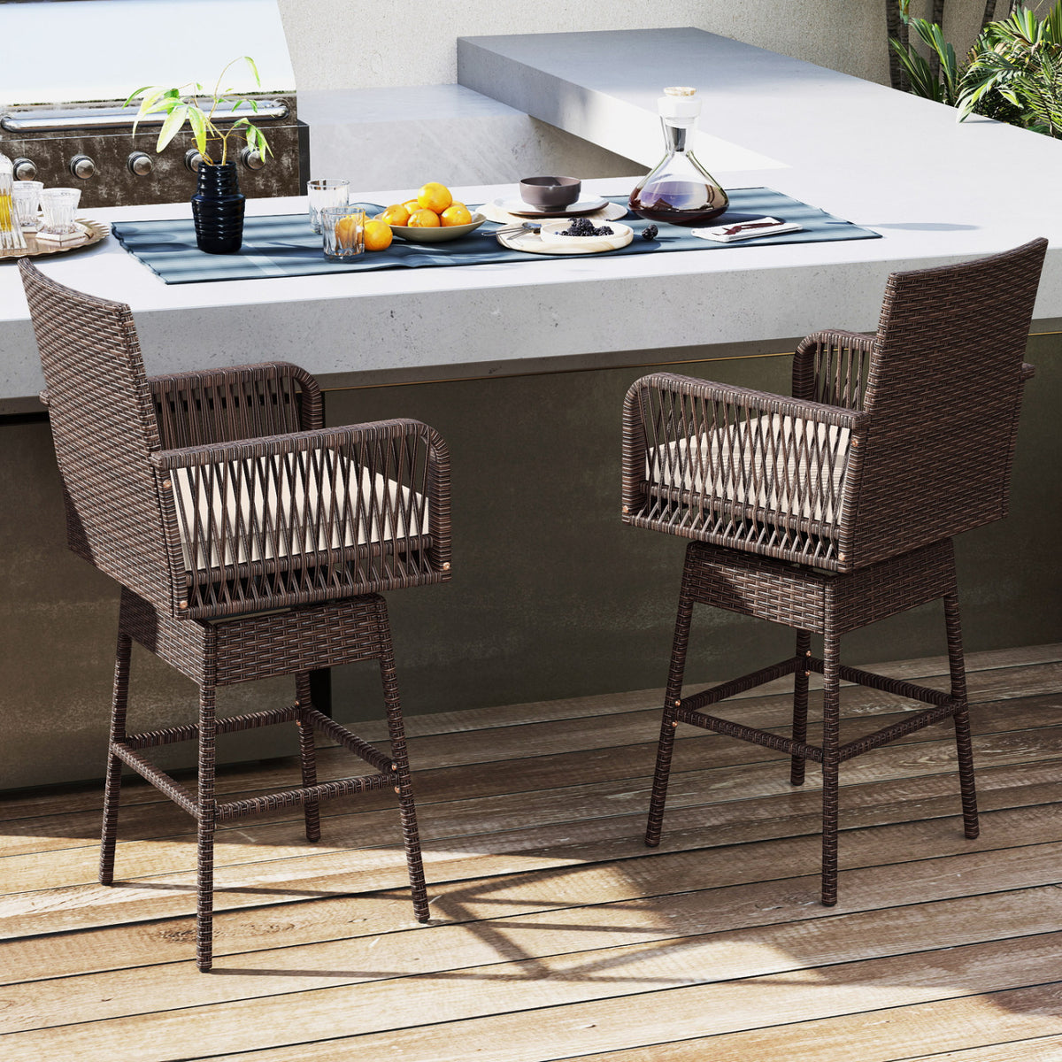 29â Bar Height Patio 360Â° Swivel Bar Stool with Cross-Woven Armrests Footrest and Seat Cushion