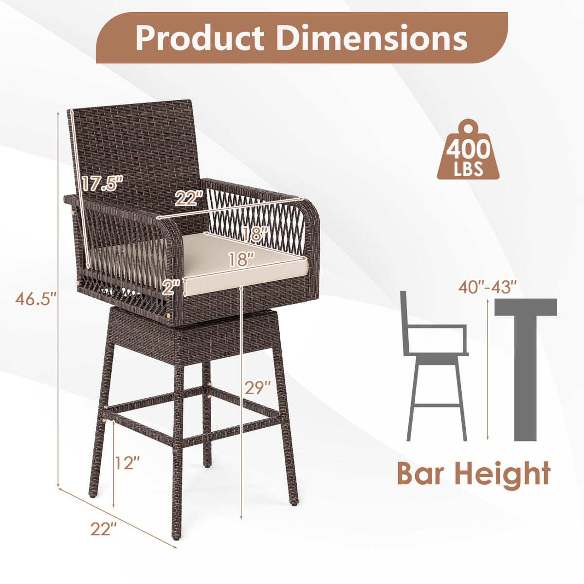 29â Bar Height Patio 360Â° Swivel Bar Stool with Cross-Woven Armrests Footrest and Seat Cushion