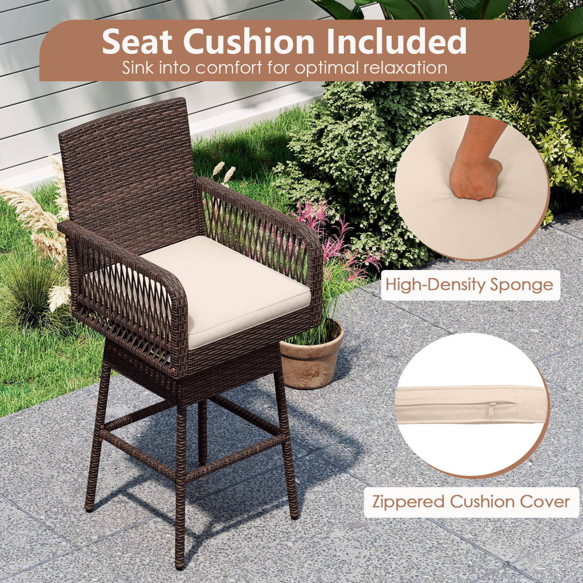 29â Bar Height Patio 360Â° Swivel Bar Stool with Cross-Woven Armrests Footrest and Seat Cushion