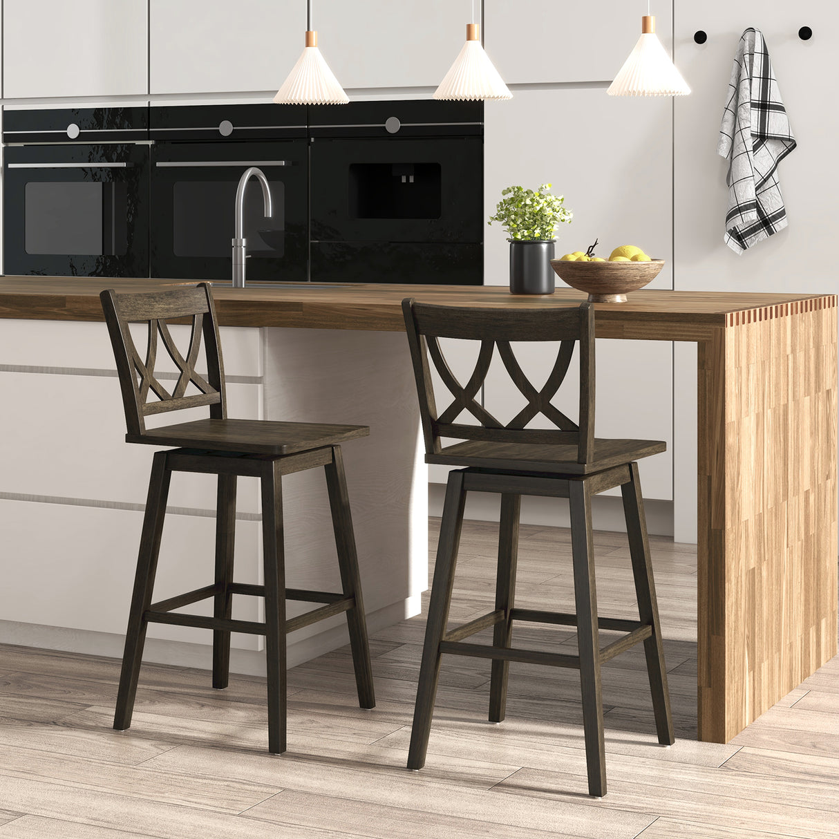 24/29 Inch Bar Stool Set of 2 Wooden Bar Chairs with Rubber Wood Frame