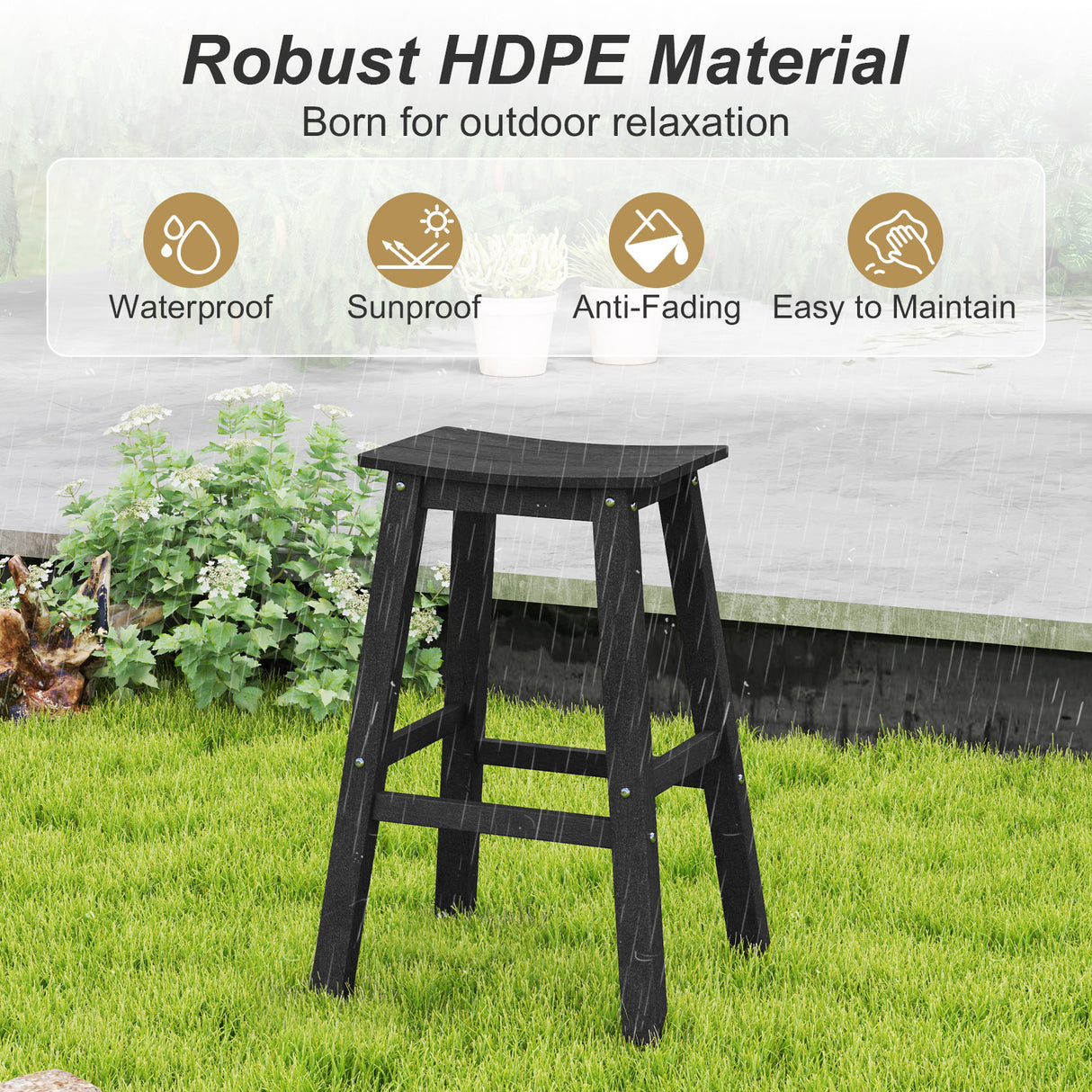 29 Inch HDPE Patio Bar Stool Set of 2 Armless Saddle Stools