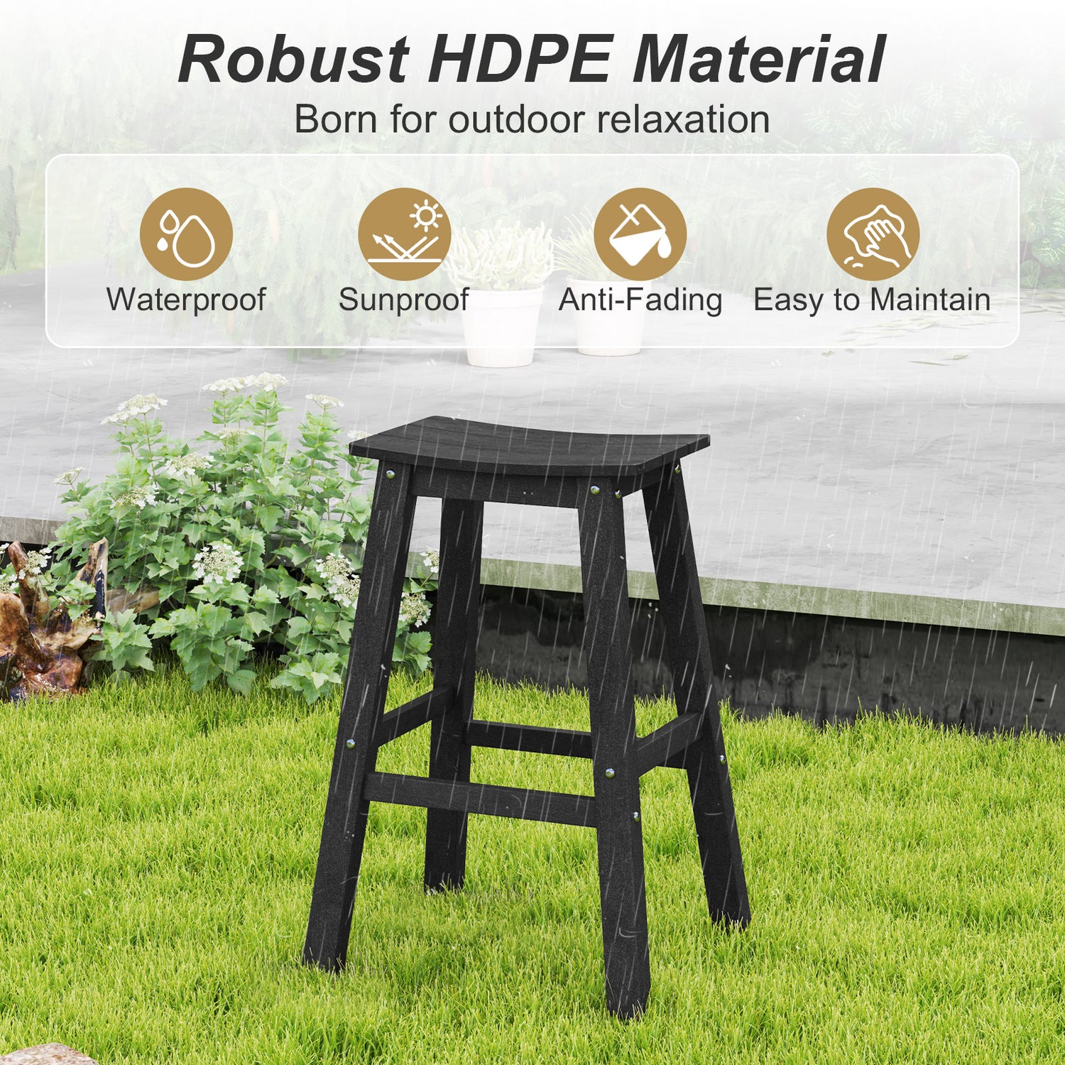 29 Inch HDPE Patio Bar Stool Set of 2 Armless Saddle Stools