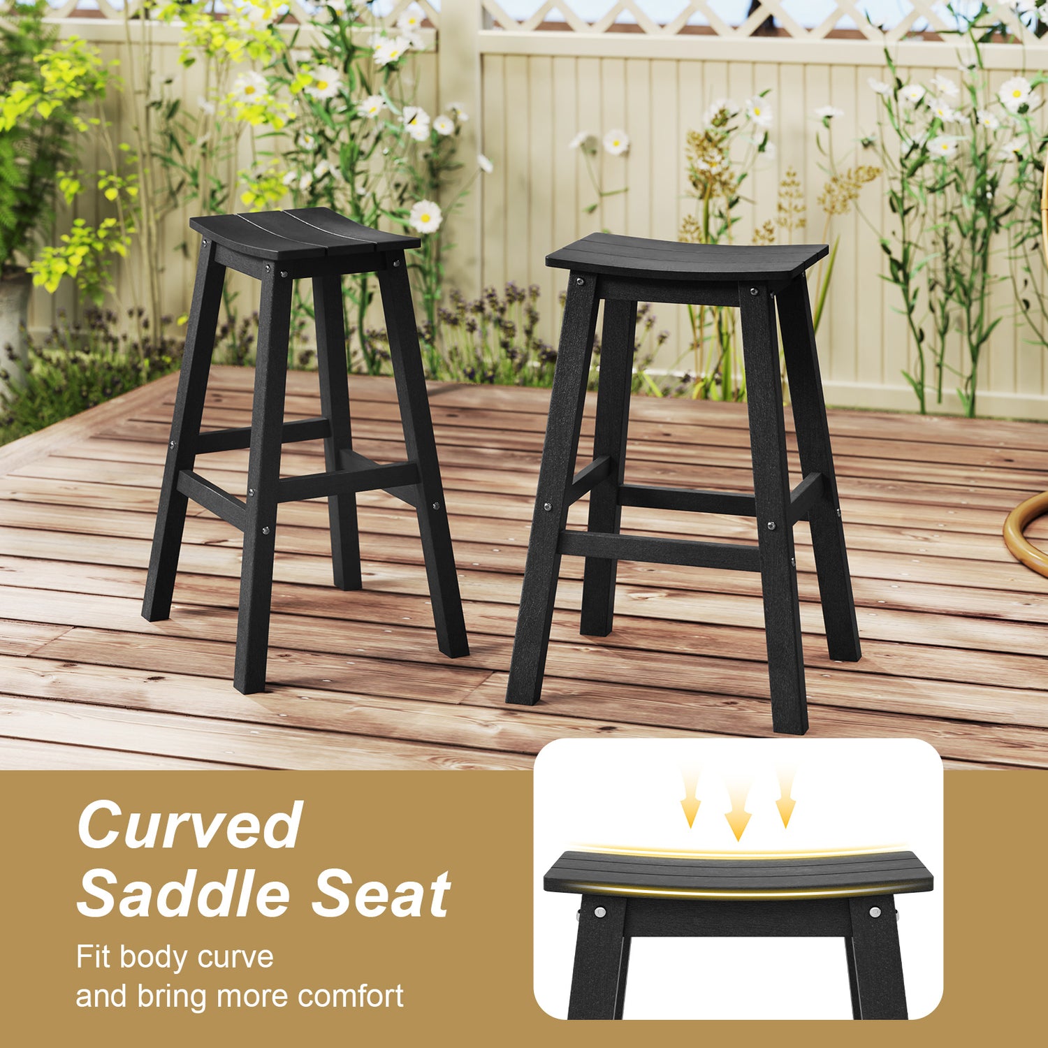 29 Inch HDPE Patio Bar Stool Set of 2 Armless Saddle Stools