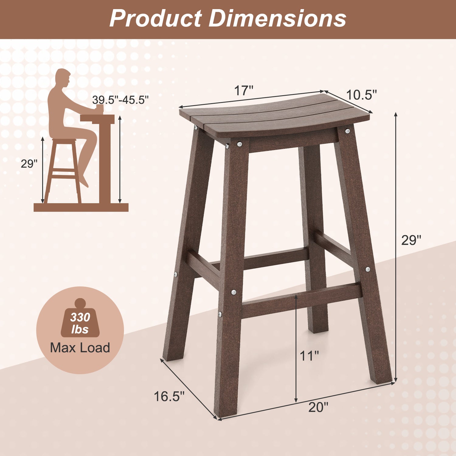 29 Inch HDPE Patio Bar Stool Set of 2 Armless Saddle Stools