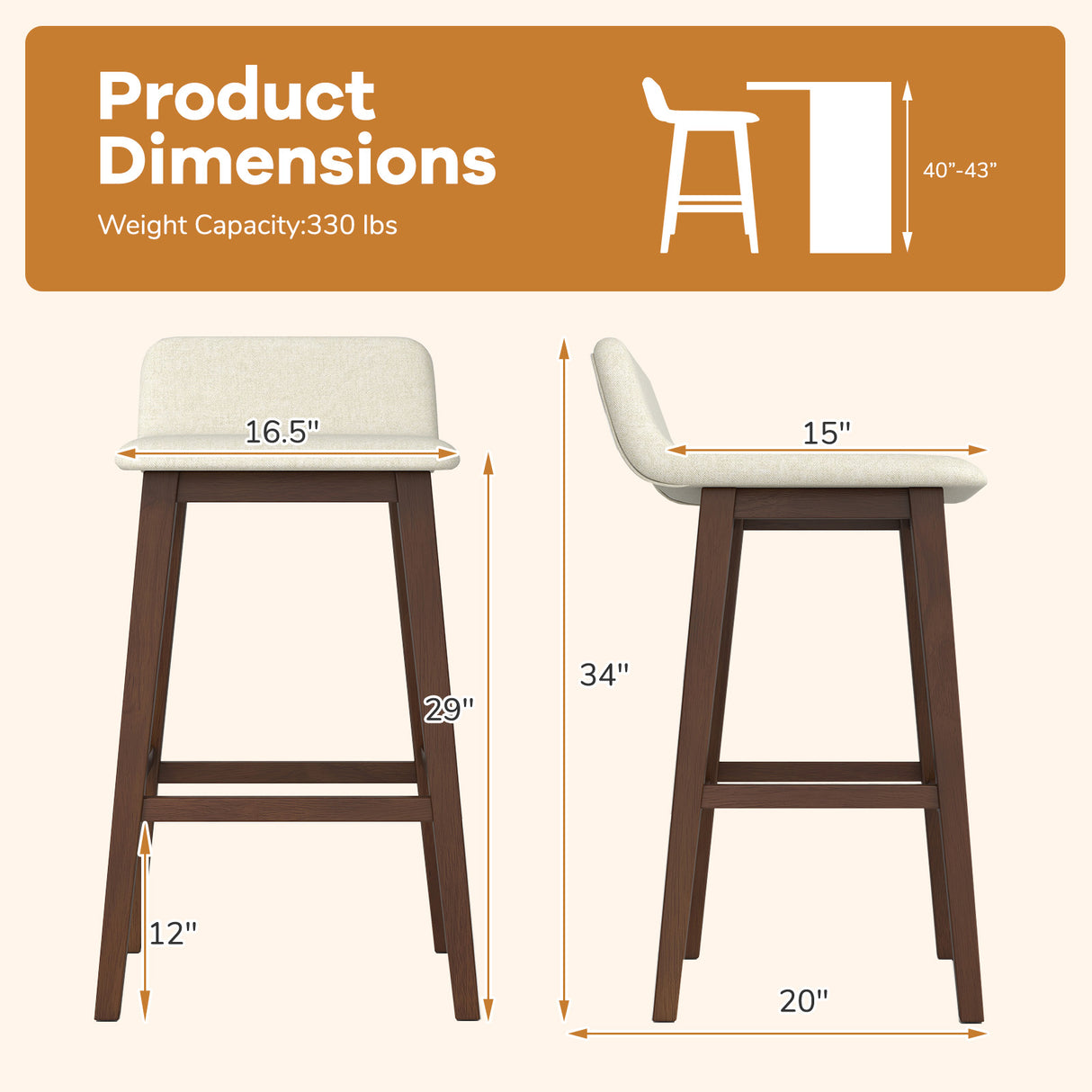 29 Inch Low-Back High-Top Chairs with Padded Seat and Rubber Wood Legs