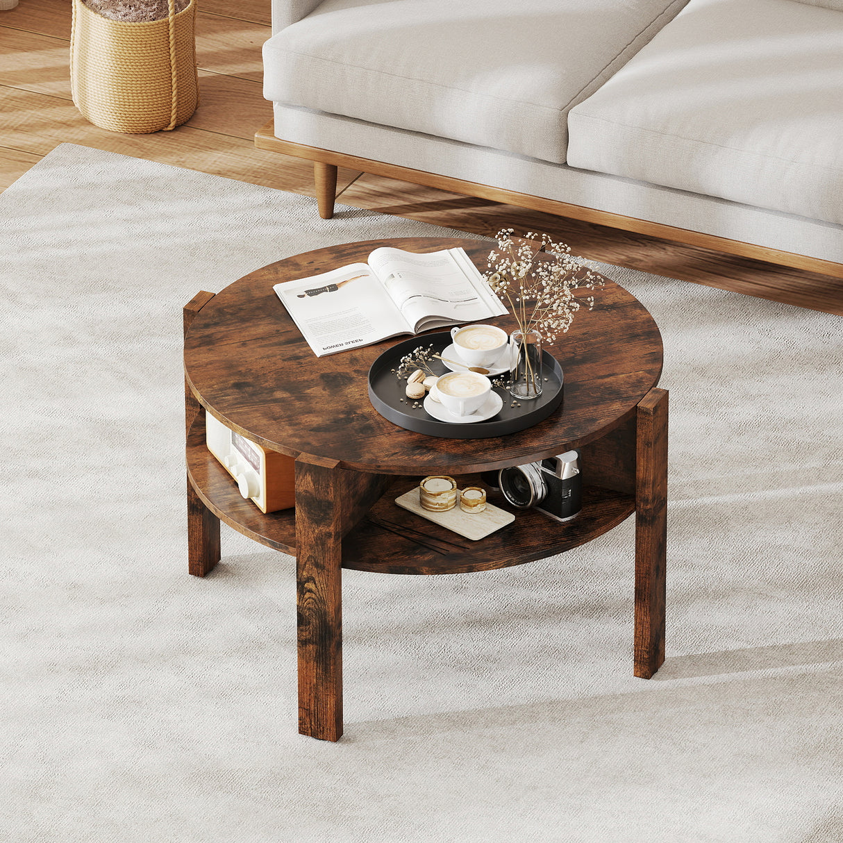 29.5 Inch Round Coffee Table with Storage Shelves for Small Space