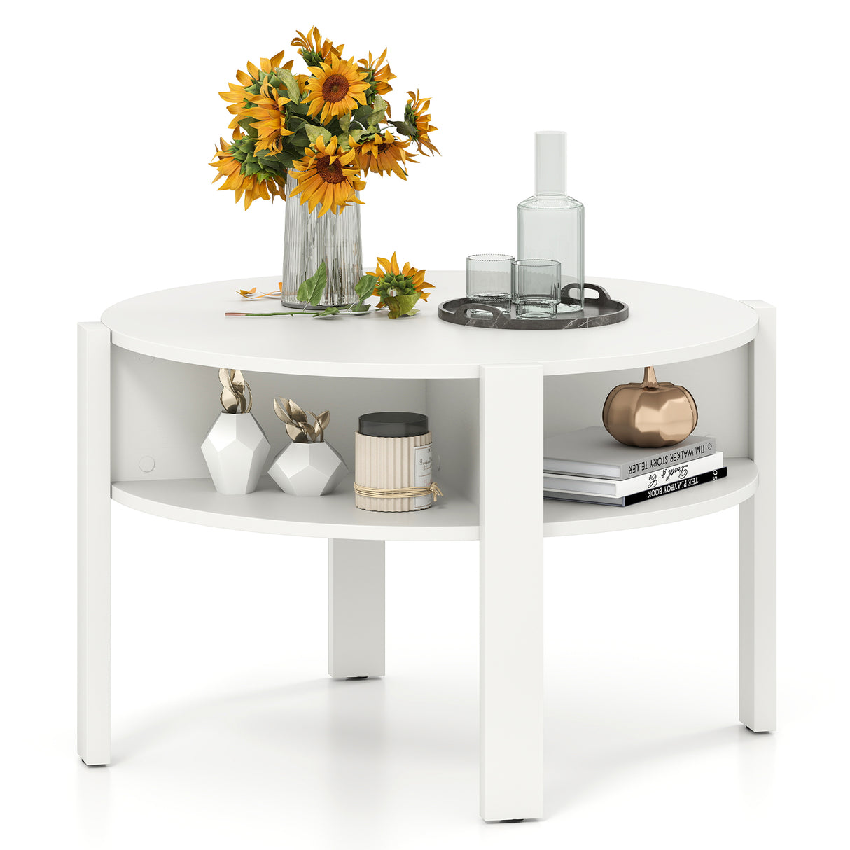29.5 Inch Round Coffee Table with Storage Shelves for Small Space