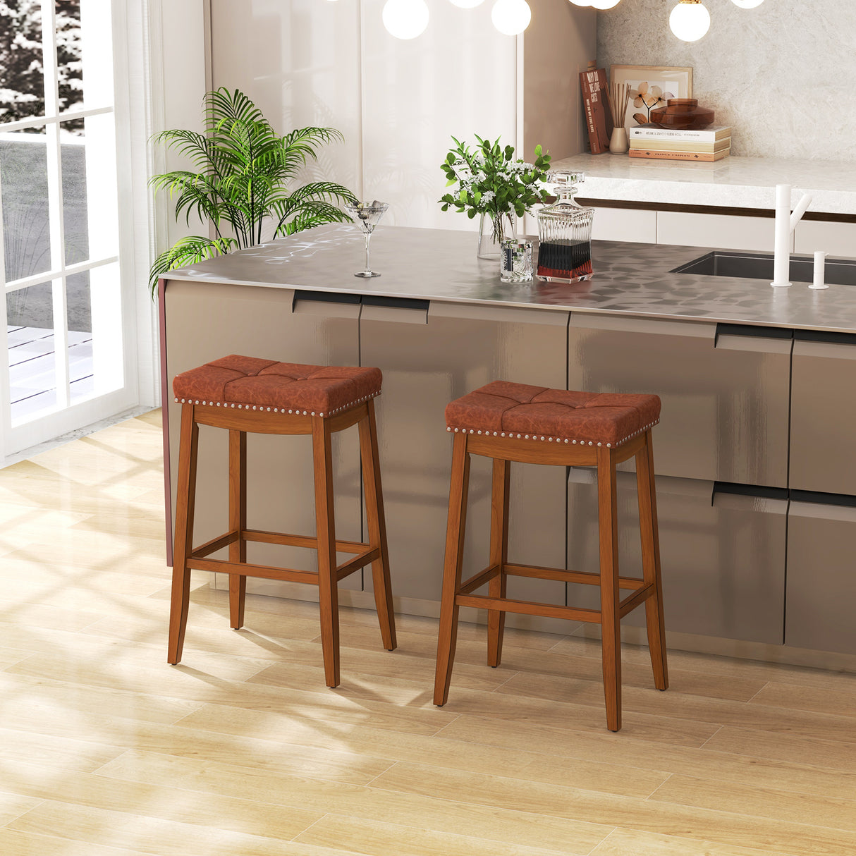25/29 Inch Set of 2 Upholstered PU Leather Bar Stools with Saddle Seat