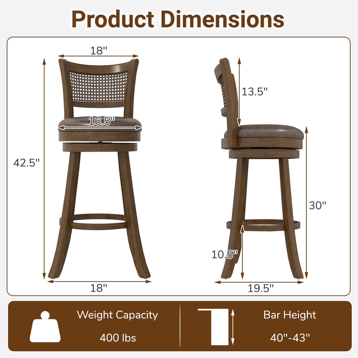 29 Inches Swivel Counter Height Barstool Set of 2 with Rattan Backrest and Footrest-Brown
