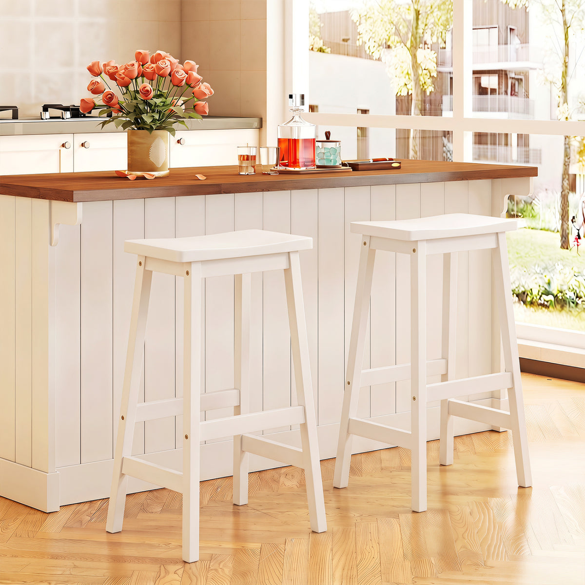 29" Set of 2 Saddle-Seat Counter Height Stools with Curved Seat and Footrests