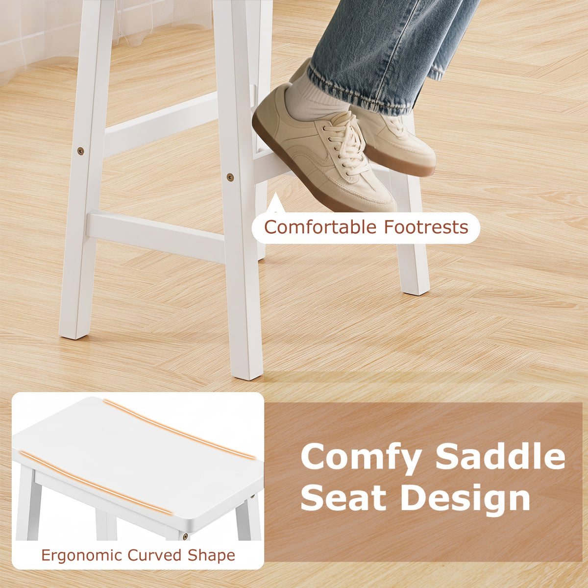 29" Set of 2 Saddle-Seat Counter Height Stools with Curved Seat and Footrests