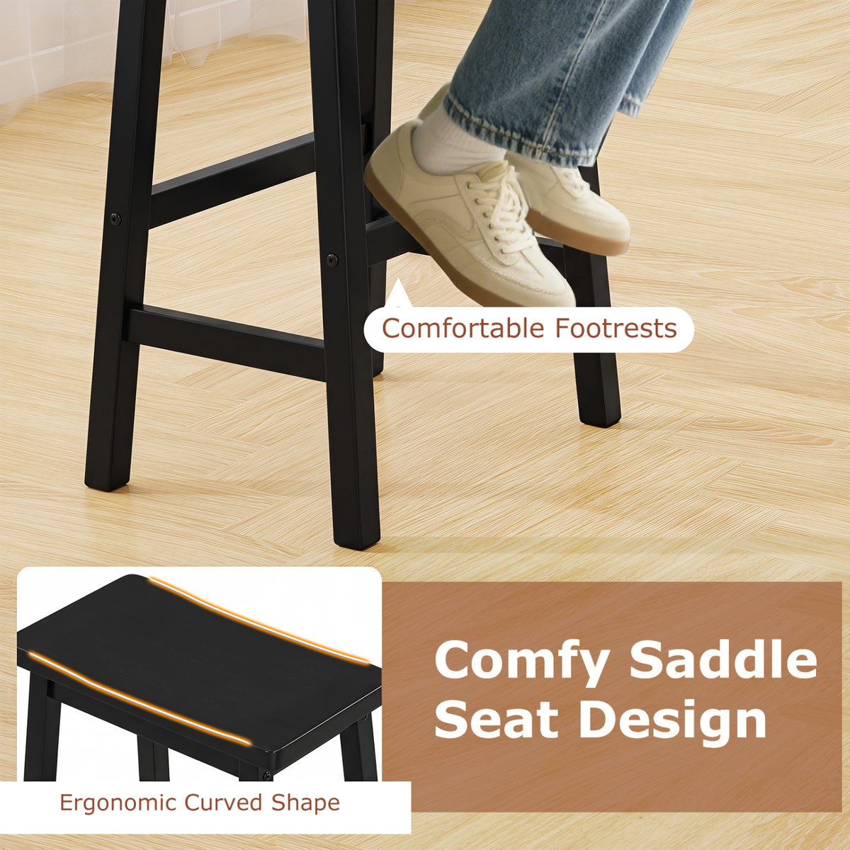 29" Set of 2 Saddle-Seat Counter Height Stools with Curved Seat and Footrests