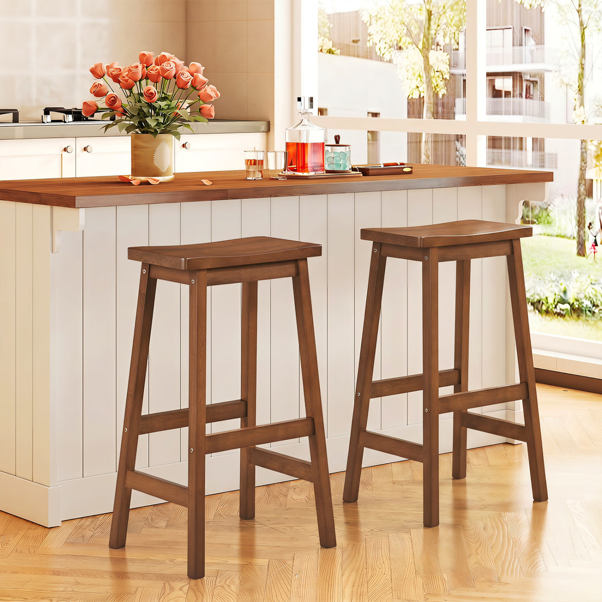 29" Set of 2 Saddle-Seat Counter Height Stools with Curved Seat and Footrests