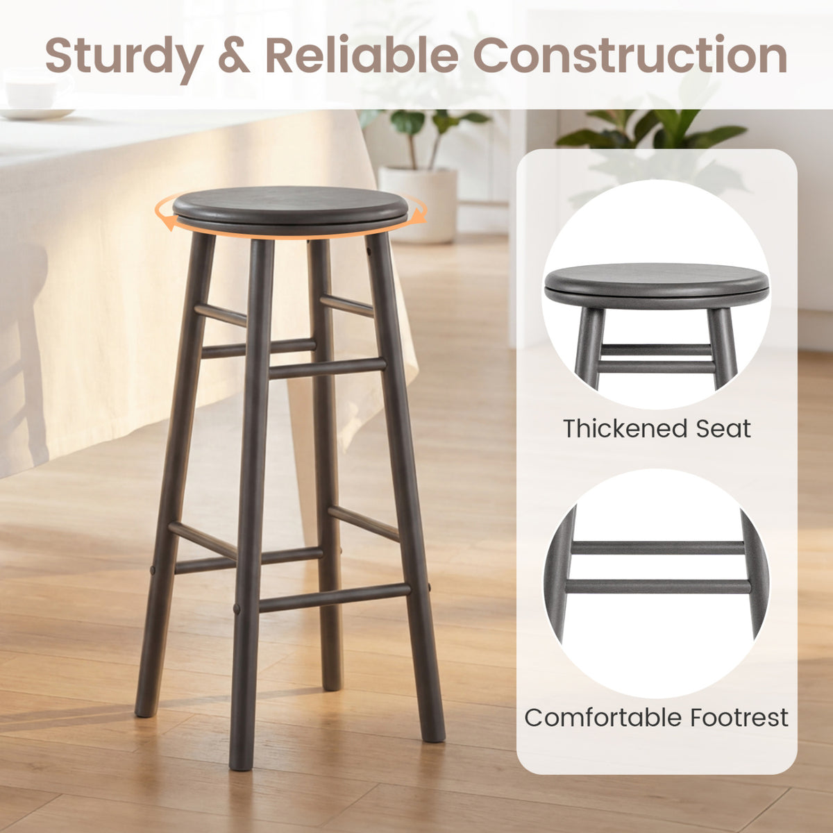 29" Swivel Bar Stools Set of 2 with Footrests & Crossbars