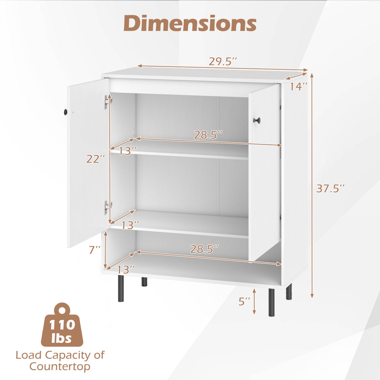 2-Door Sideboard Buffet Cabinet Kitchen with Adjustable Shelf-White
