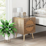 Set of 2 Rattan Nightstand with 2 Drawers and Solid Wood Legs-Natual