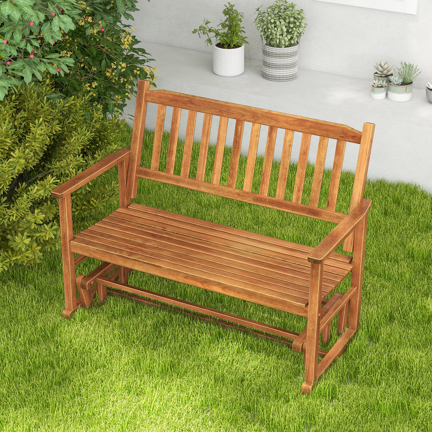 2 Seats Outdoor Glider Bench with Armrests and Slatted Seat