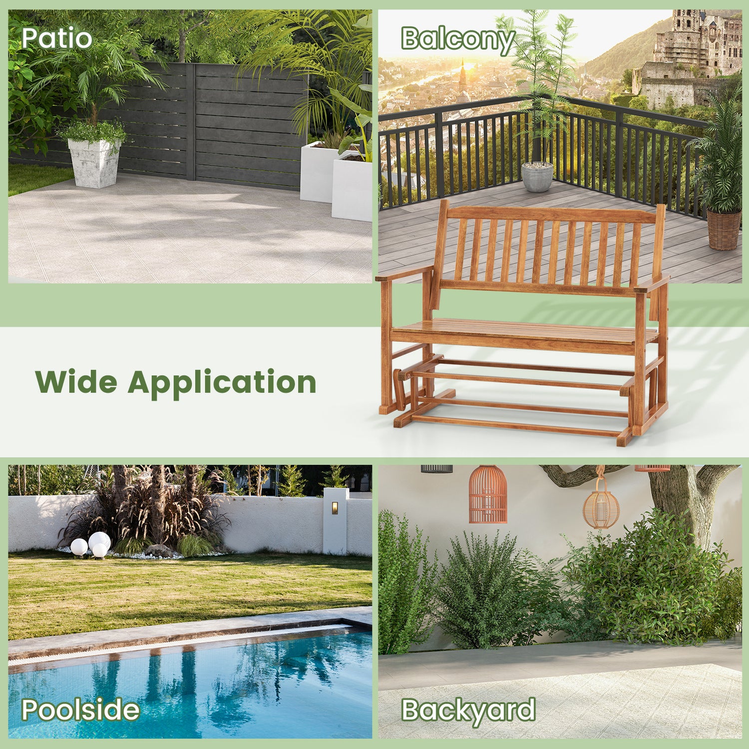 2 Seats Outdoor Glider Bench with Armrests and Slatted Seat