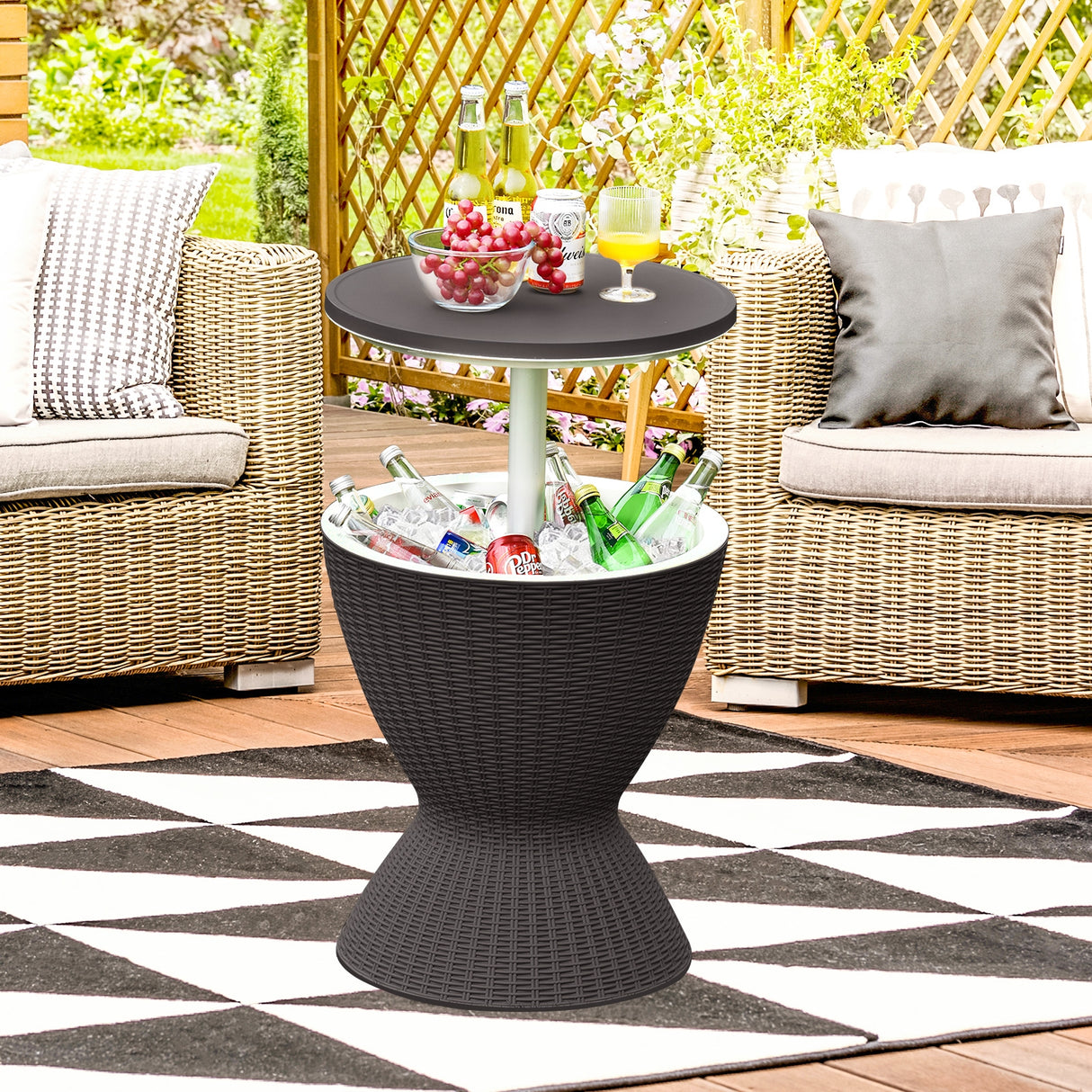 3 in 1 8 Gallon Patio Rattan Cooler Bar Table with Adjust Ice Bucket