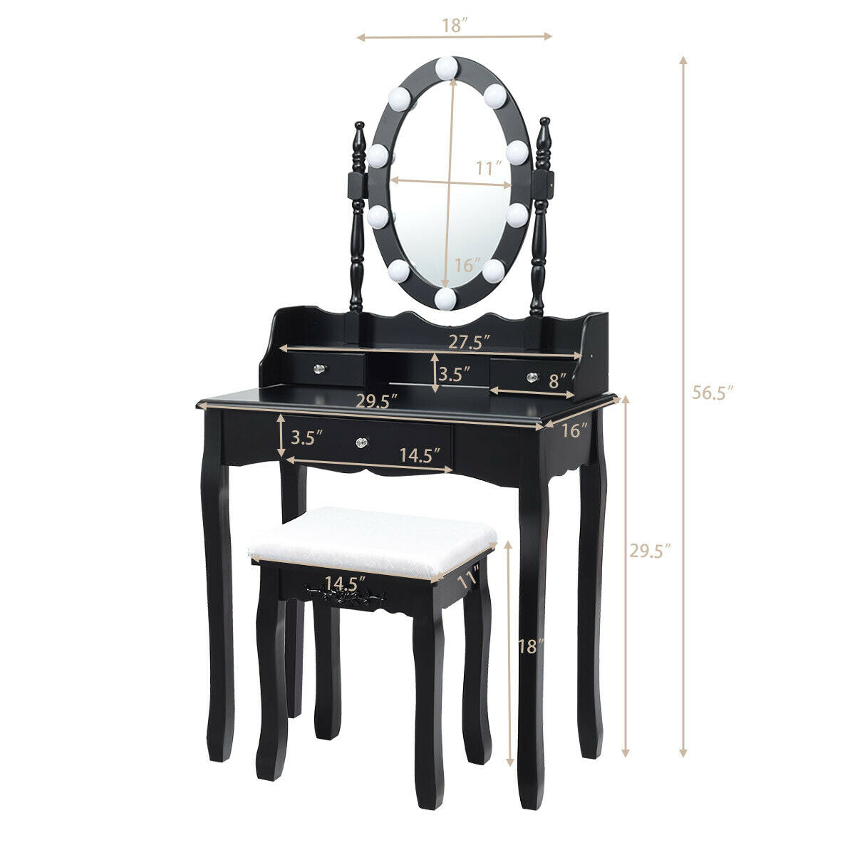 Oval Mirror Vanity Set  with 10 LED Dimmable Bulbs and 3 Drawers