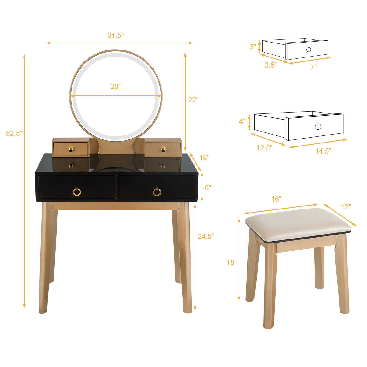 Set 3 Makeup Vanity Table Color Lighting Jewelry Divider Dressing Table