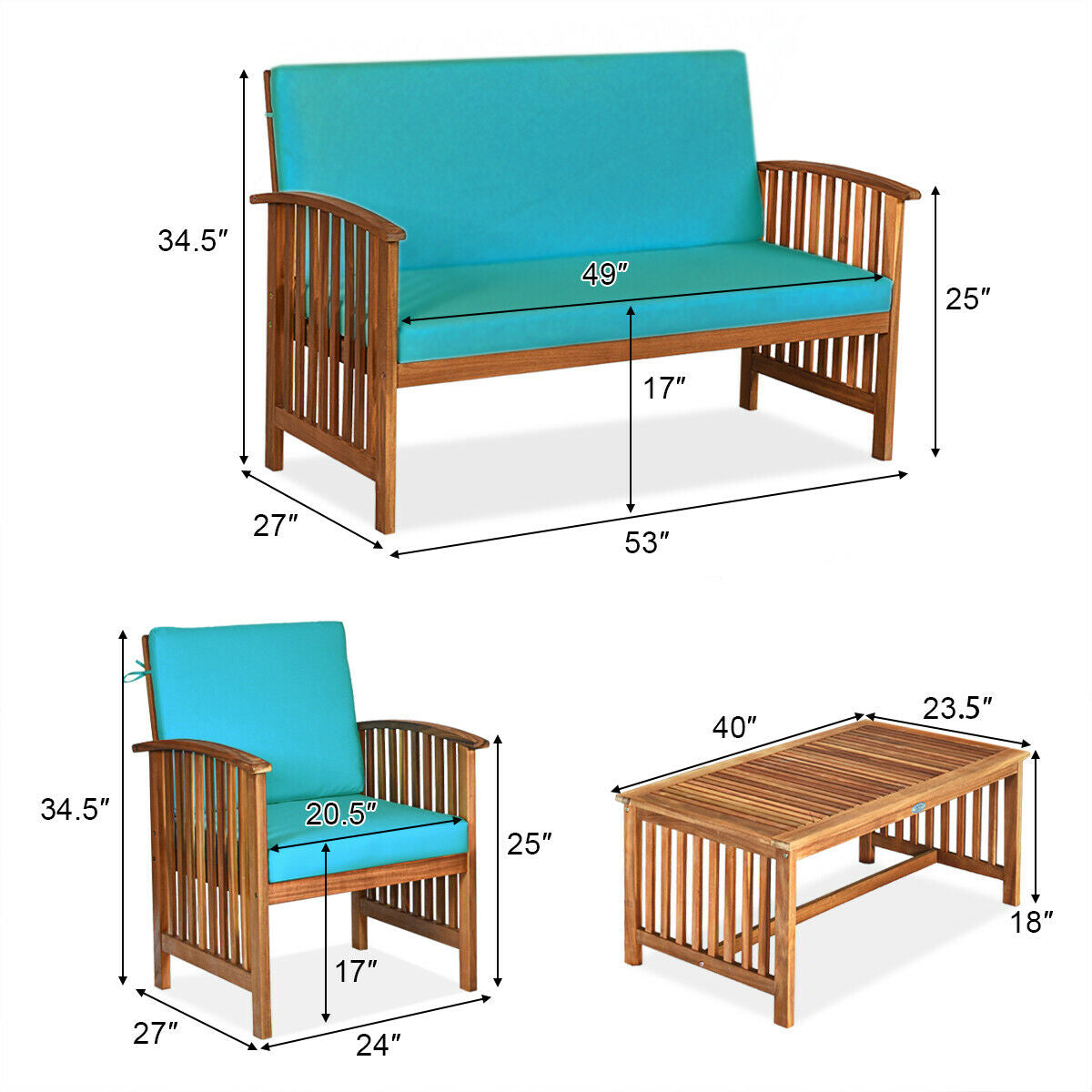 4 Pieces Patio Solid Wood Furniture Set