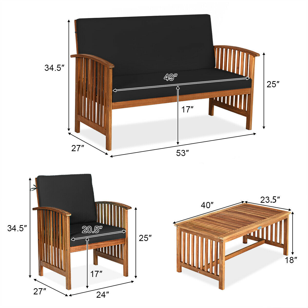 4 Pieces Patio Solid Wood Furniture Set