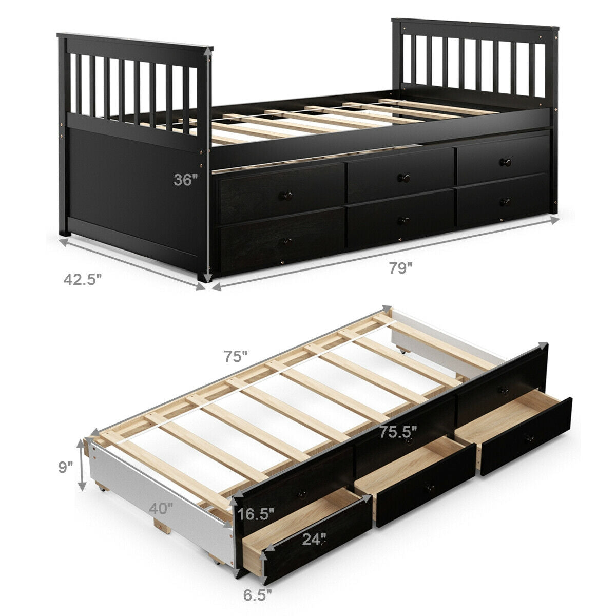 Twin Captainâs Bed with Trundle and 3 Storage Drawers