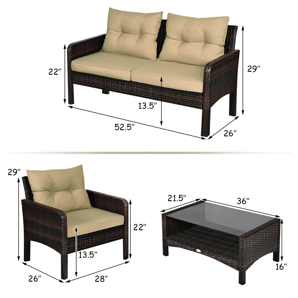 4 Pieces Outdoor Rattan Wicker Loveseat Furniture Set with Cushions-Coffee