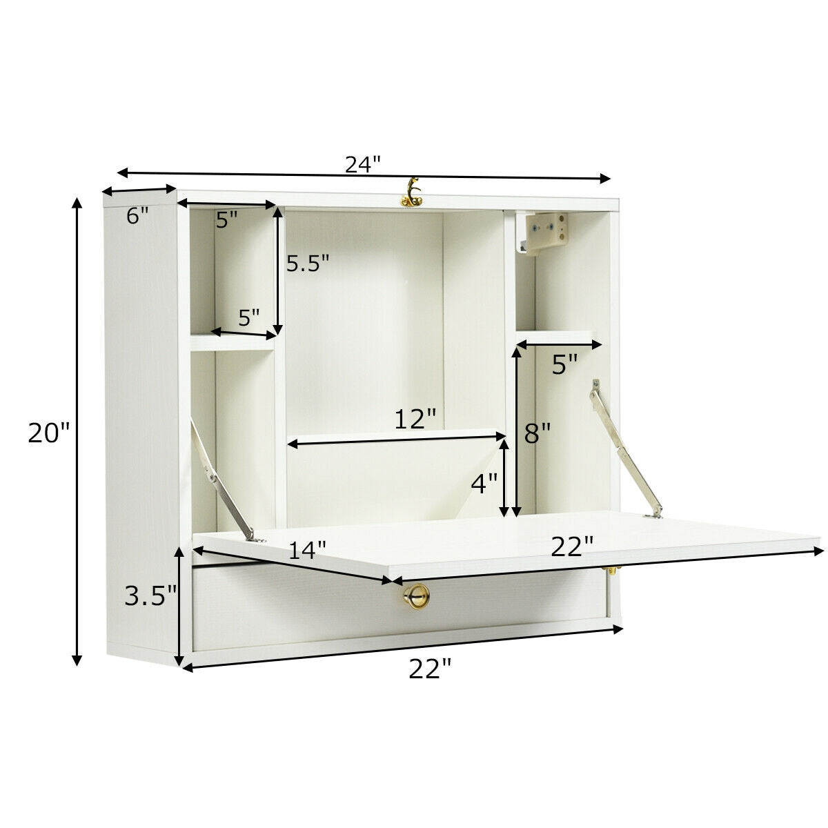 Wall Mounted Folding Laptop Desk Hideaway Organizer Storage-White