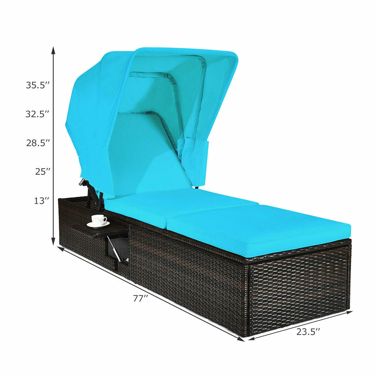 Chaise Cushioned Top Canopy Patio Rattan Lounge Chair with Tea Table