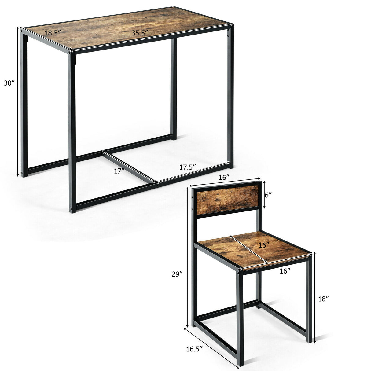 3 Pcs Dining Set Compact Table and 2 Chair with Metal Frame for for Small Space