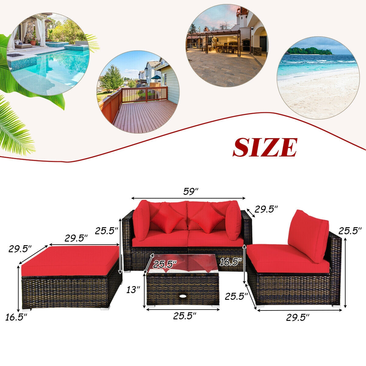 5 Pieces Outdoor Patio Rattan Furniture Set With Cushions