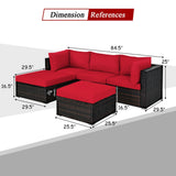 5 Pieces Patio Rattan Sectional Conversation Ottoman Furniture Set