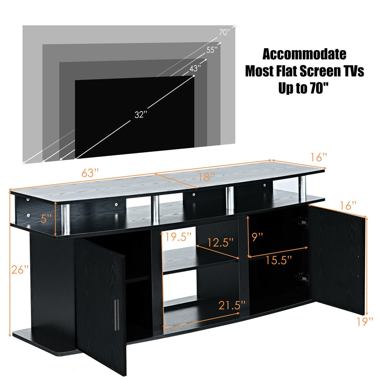63 Inch TV Entertainment Console Center with 2 Cabinets