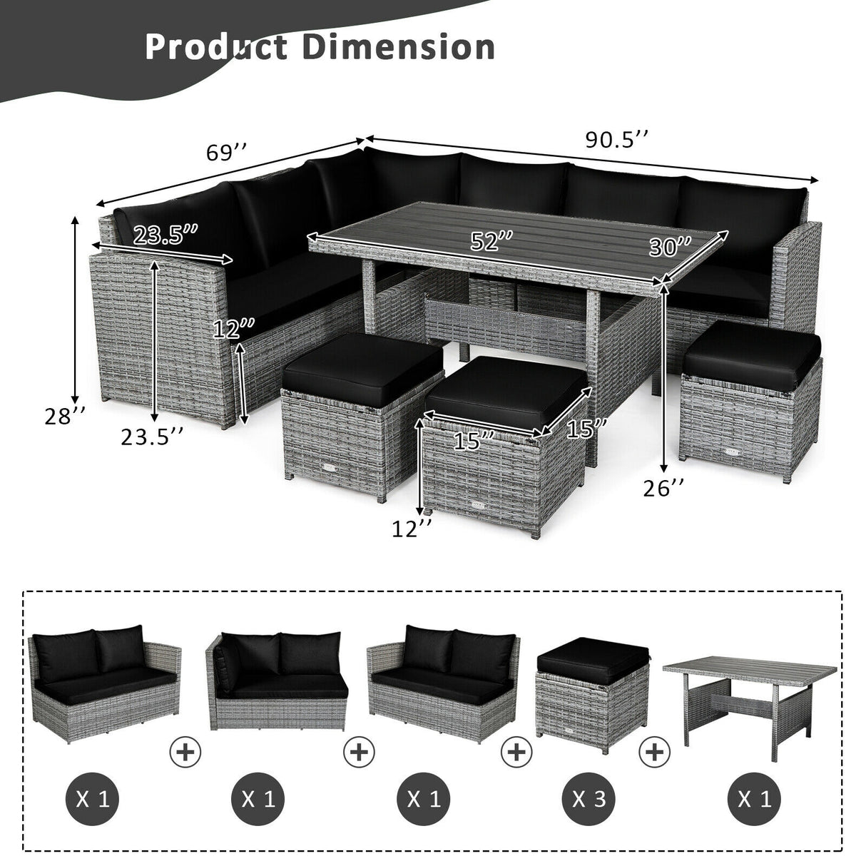 7 Pieces Patio Rattan Dining Furniture Sectional Sofa Set with Wicker Ottoman