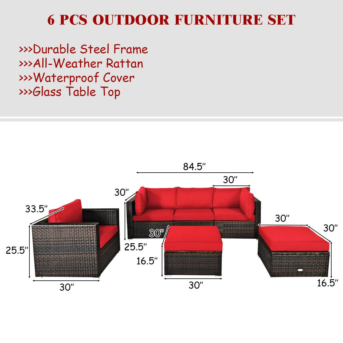 6 Pcs Patio Rattan Furniture Set with Sectional Cushion