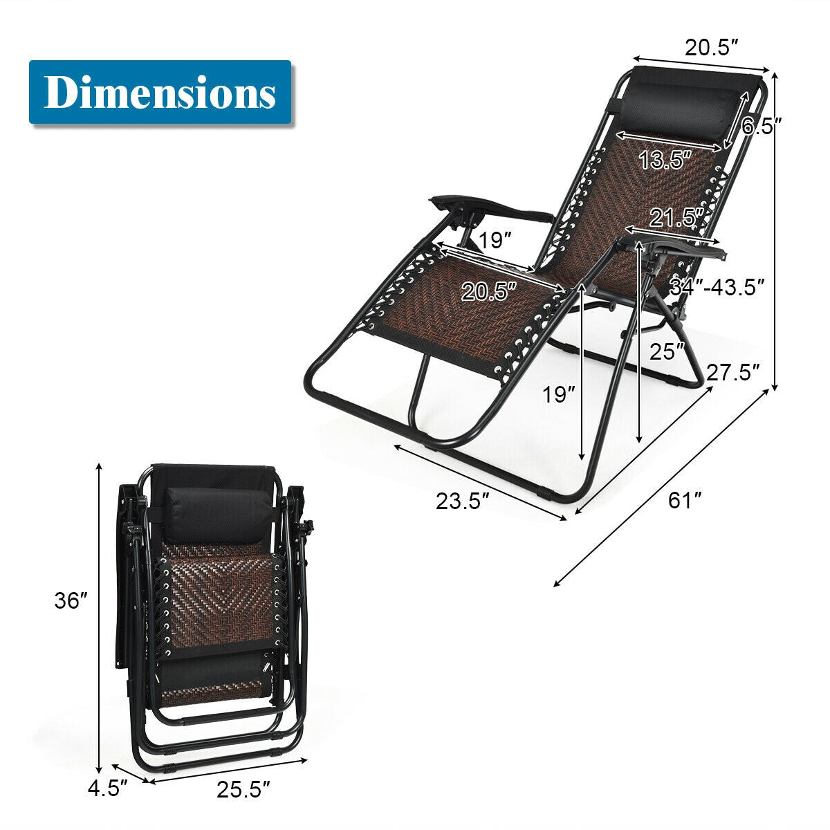 2 Pieces Folding Patio Rattan Zero Gravity Lounge Chair