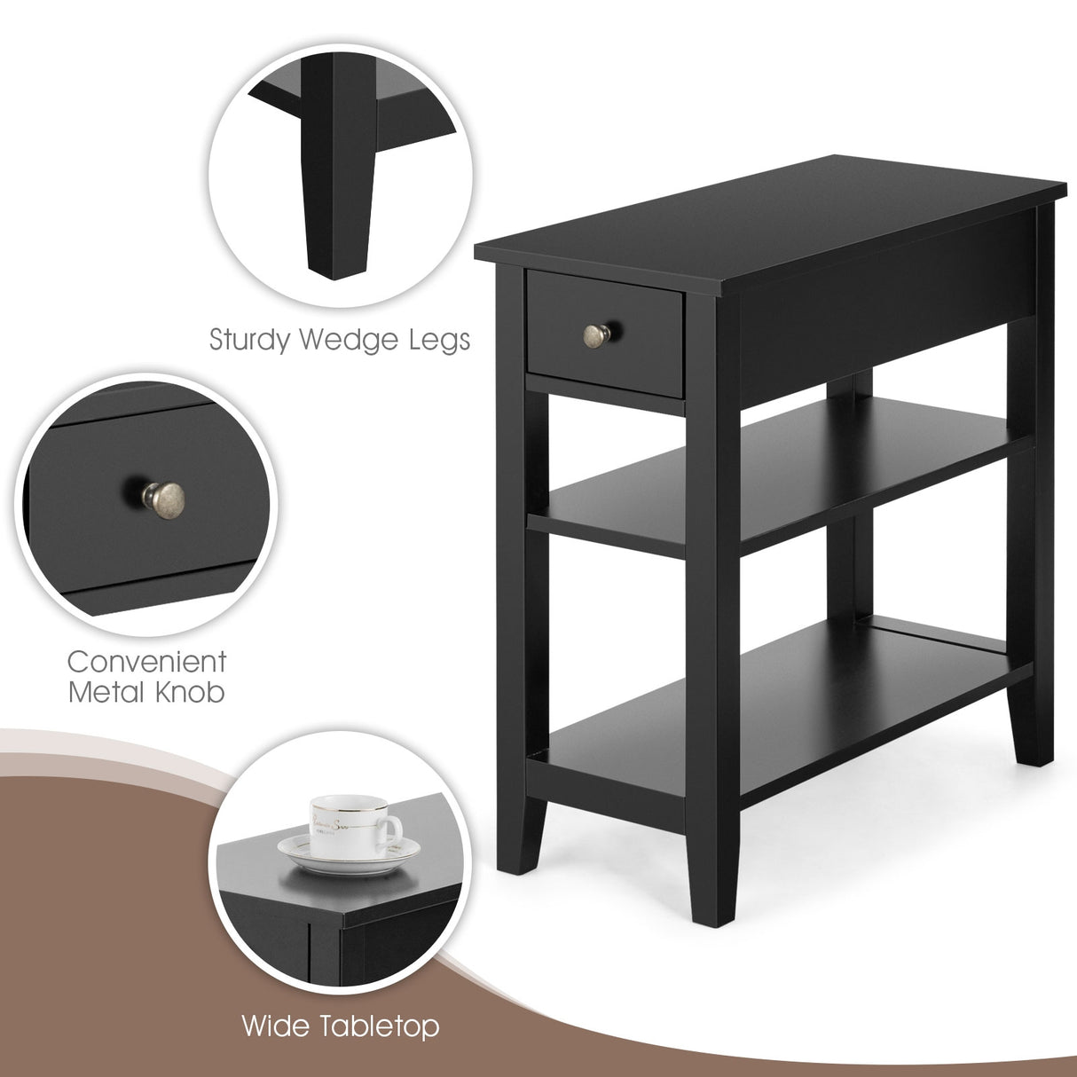 3-Tier Nightstand Bedside Table Sofa Side with Double Shelves Drawer