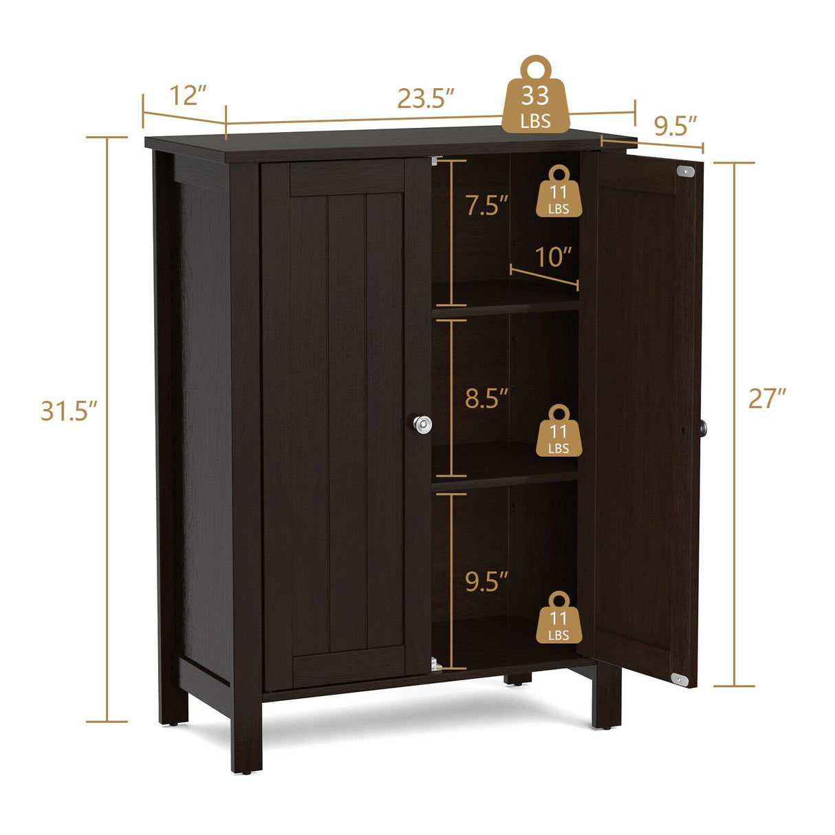2-Door Bathroom Floor Storage Cabinet with Adjustable Shelf