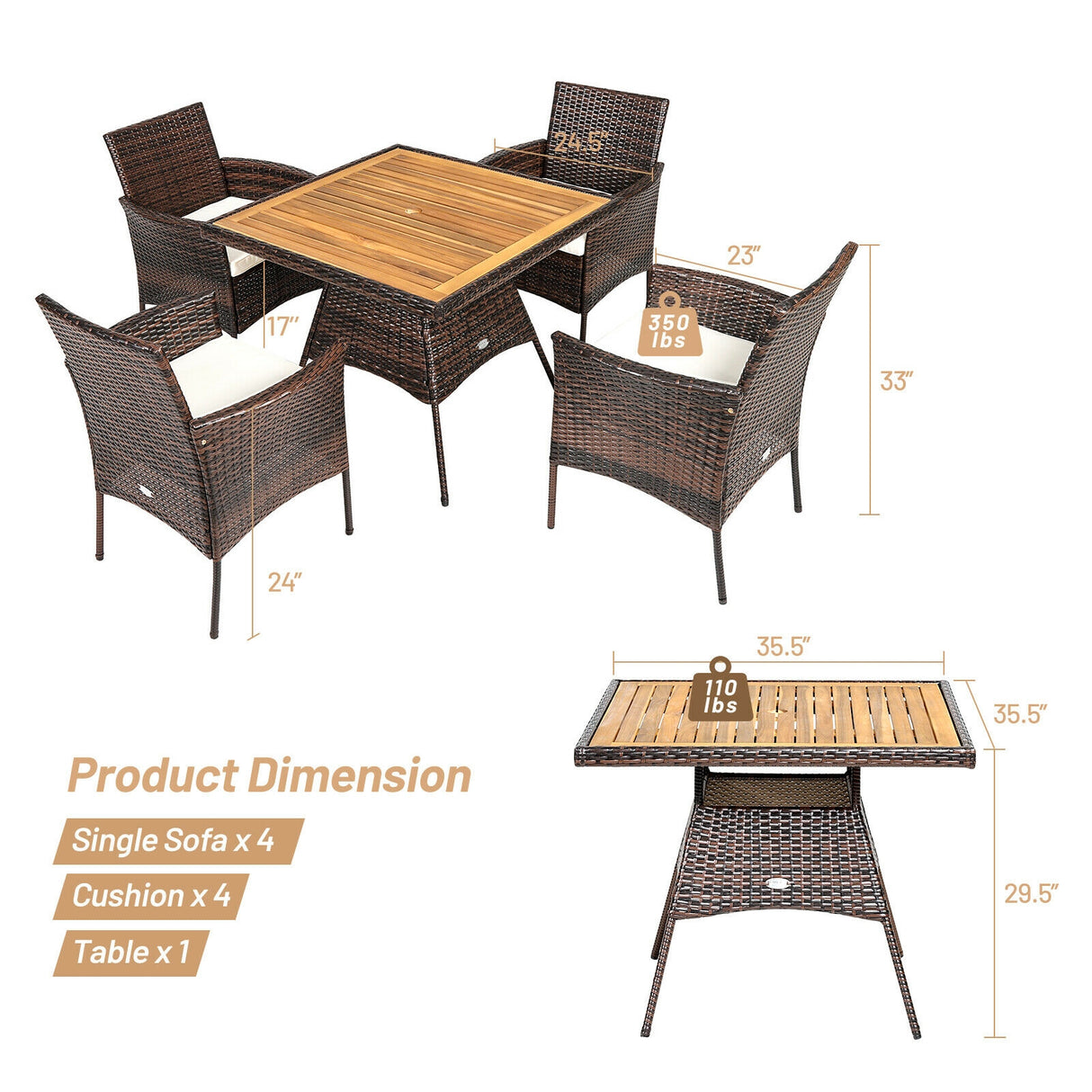 Outdoor 5 Pieces Dining Table Set with 1 Table and 4 Single Sofas
