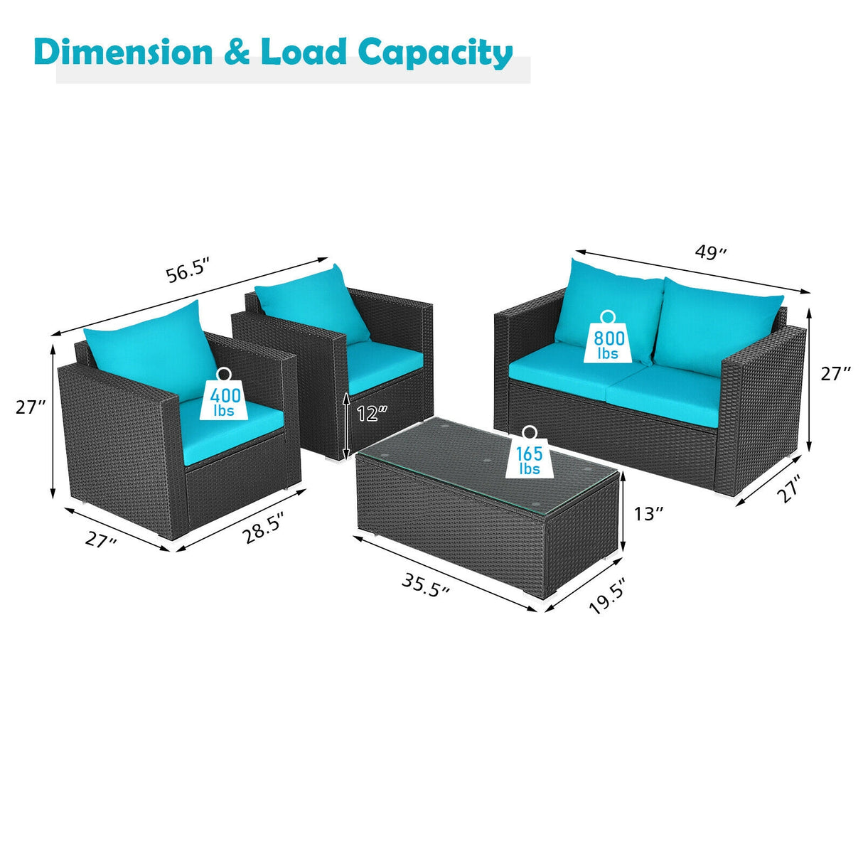 4 Pieces Patio Rattan Conversation Set with Cushions and Coffee Table