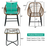 3 Pieces Patio Rattan Bistro Set Cushioned Chair Glass Table Deck