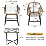 3 Pieces Patio Rattan Bistro Set Cushioned Chair Glass Table Deck