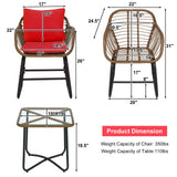 3 Pieces Patio Rattan Bistro Set Cushioned Chair Glass Table Deck