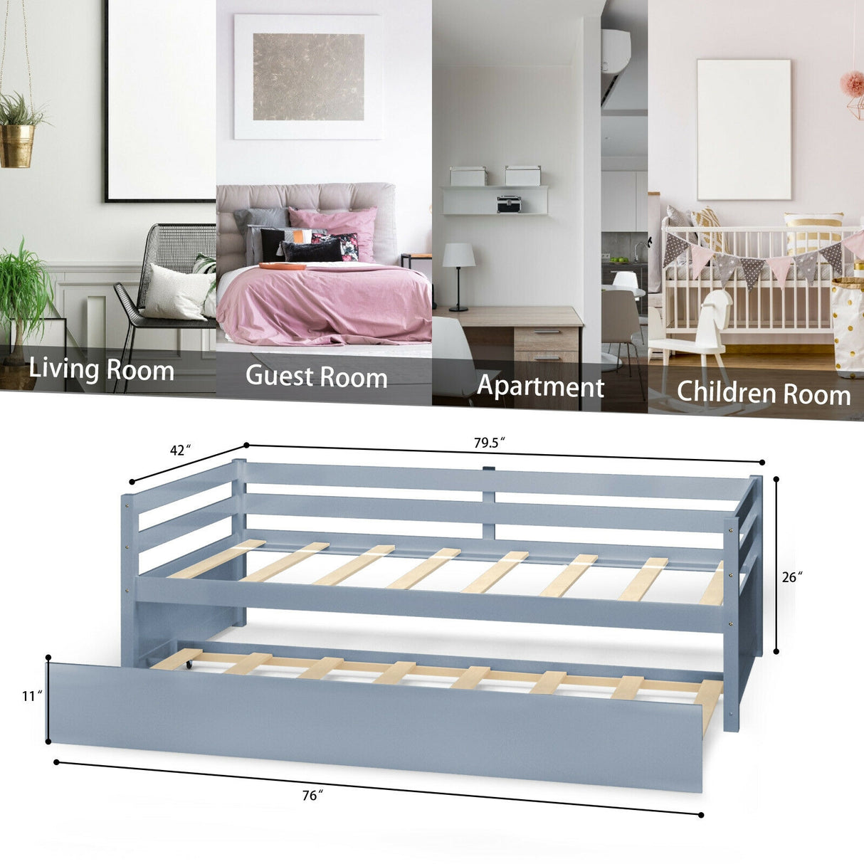 Twin Size Wooden Slat Trundle Platform
