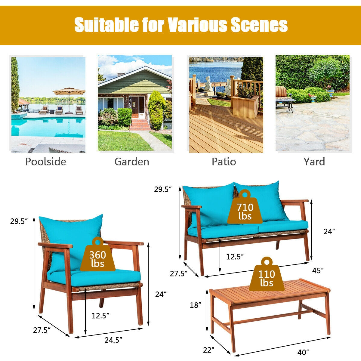 4 Pieces Acacia Wood Patio Rattan Furniture Set with Zippered Cushions