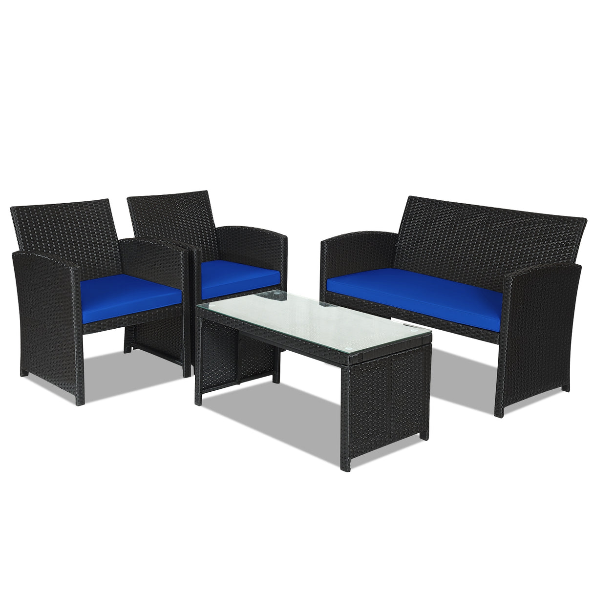 4 Pieces Rattan Patio Furniture Set with Weather Resistant Cushions and Tempered Glass Tabletop