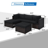 5 Pieces Patio Rattan Sectional Conversation Ottoman Furniture Set