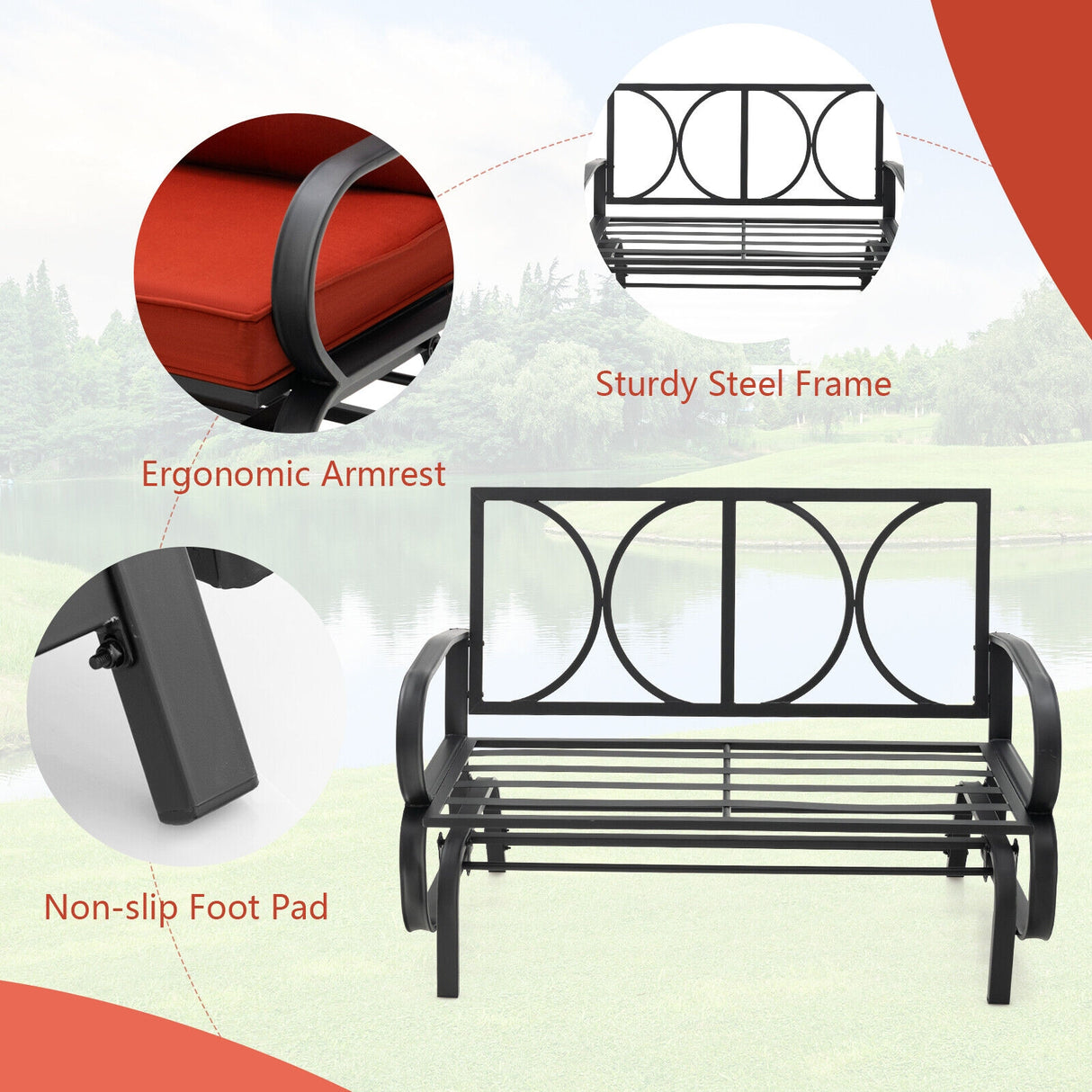 Patio 2-Person Glider Bench Rocking Loveseat with Cushioned Armrest-Red